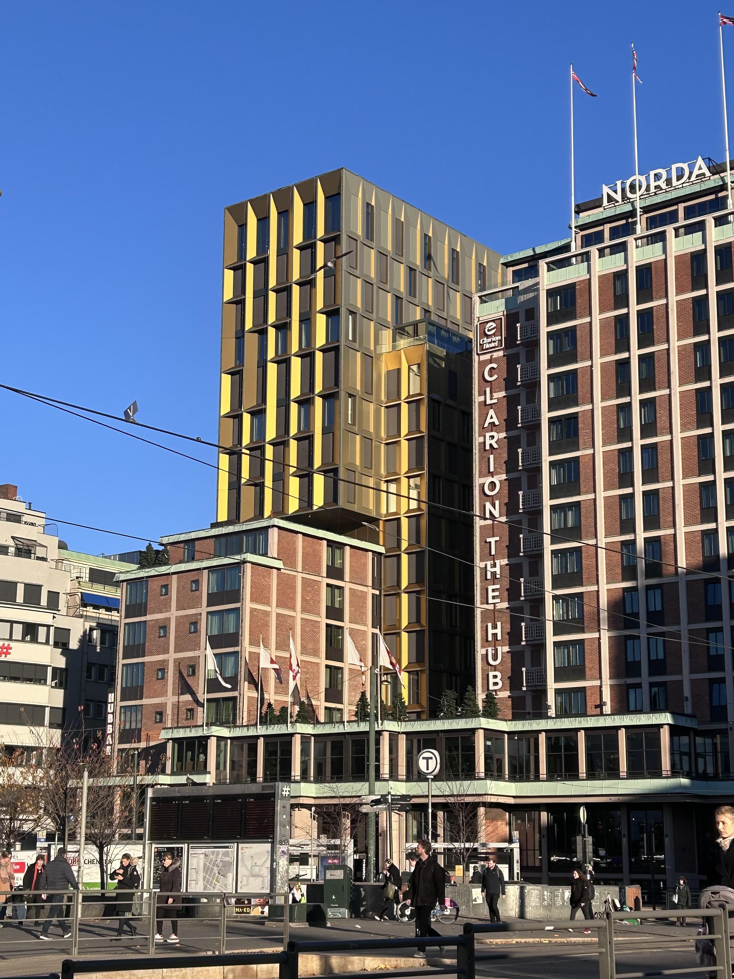 a blue sky and a public space